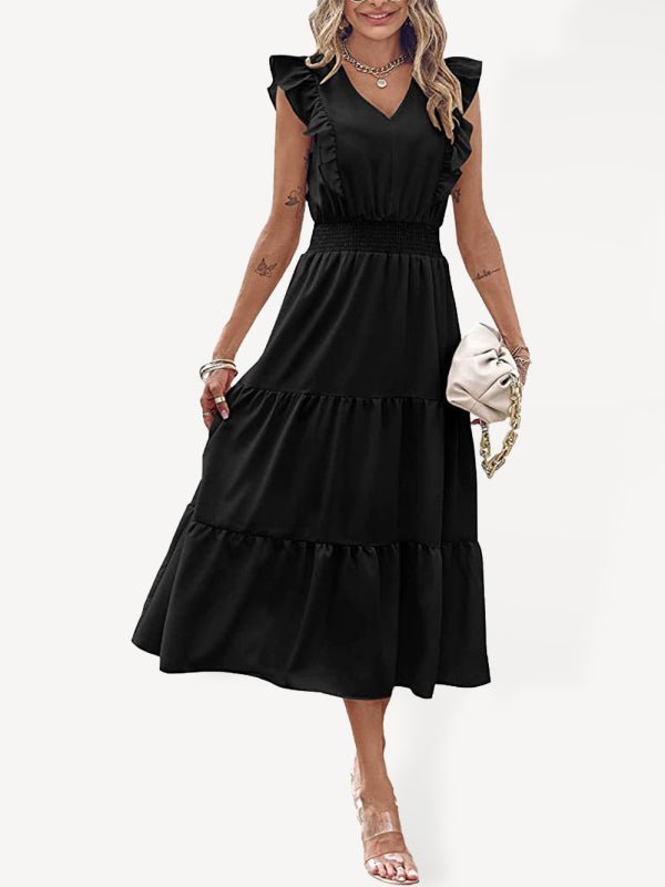 New style sleeveless V-neck waist pleated dress with wooden ears