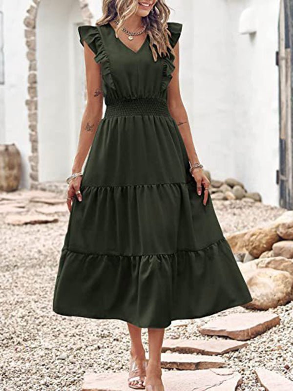 New style sleeveless V-neck waist pleated dress with wooden ears