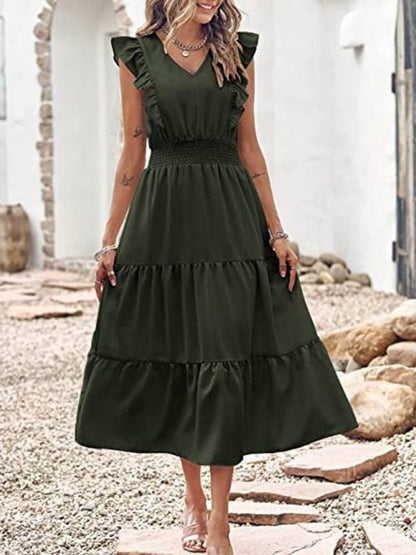 Robe plissée à la taille, sans manches, col en v, nouveau style, avec oreilles en bois 