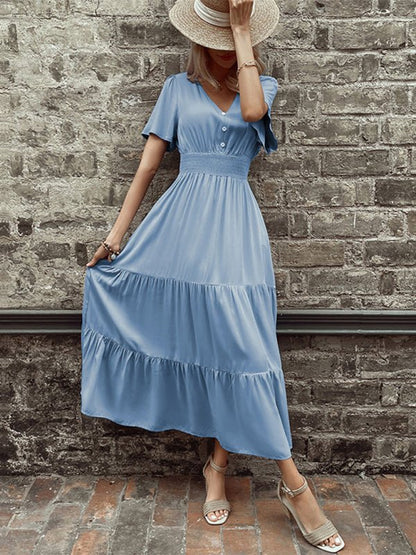 Neues Sommerkleid im beliebten europäischen und amerikanischen Stil mit V-Ausschnitt in mittlerer Länge 