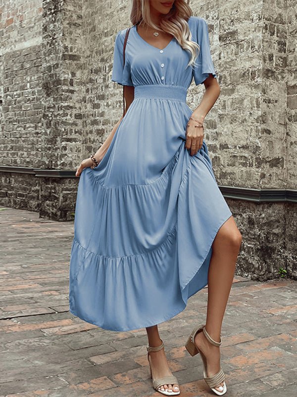 New summer European and American popular style V-neck mid-length dress