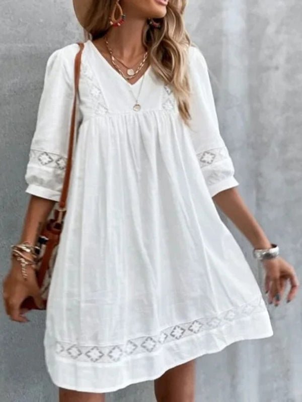 New V-neck simple cotton mid-sleeve casual vacation dress