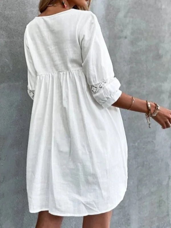 Robe de vacances décontractée en coton simple, col en v, manches mi-longues, nouvelle collection 