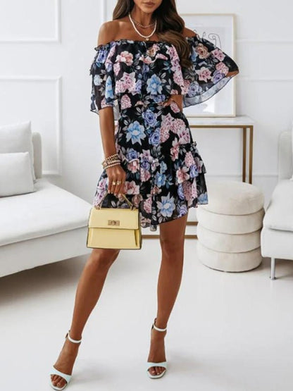 One-neck chiffon print commuter waist dress