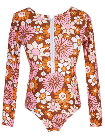 One-Piece Swimsuit Long Sleeve Sunscreen Print Zipper One-Piece Swimsuit