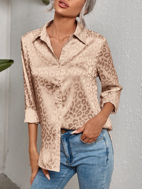 Chemise en jacquard léopard à boutons ouverts, chemise élégante à manches longues 