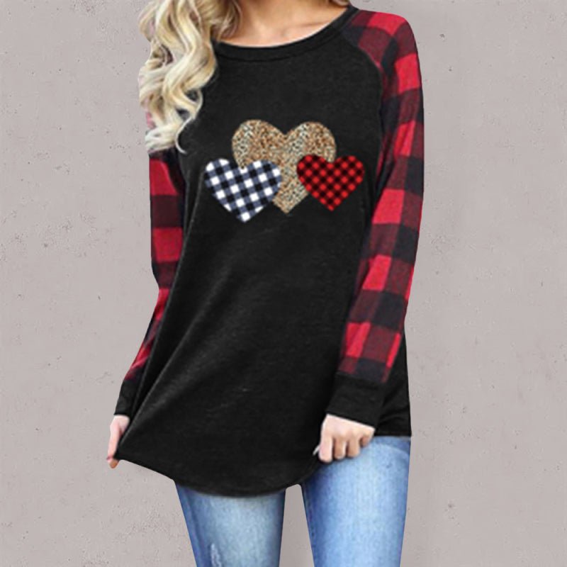 Plaid Leopard Stitching Heart Print Round Neck Long Sleeve T-Shirt