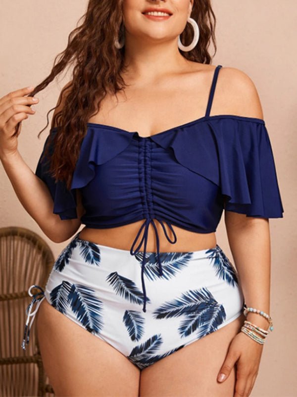 Grande taille femmes-cordon à volants Bikini une bandoulière taille haute ensemble de maillot de bain 