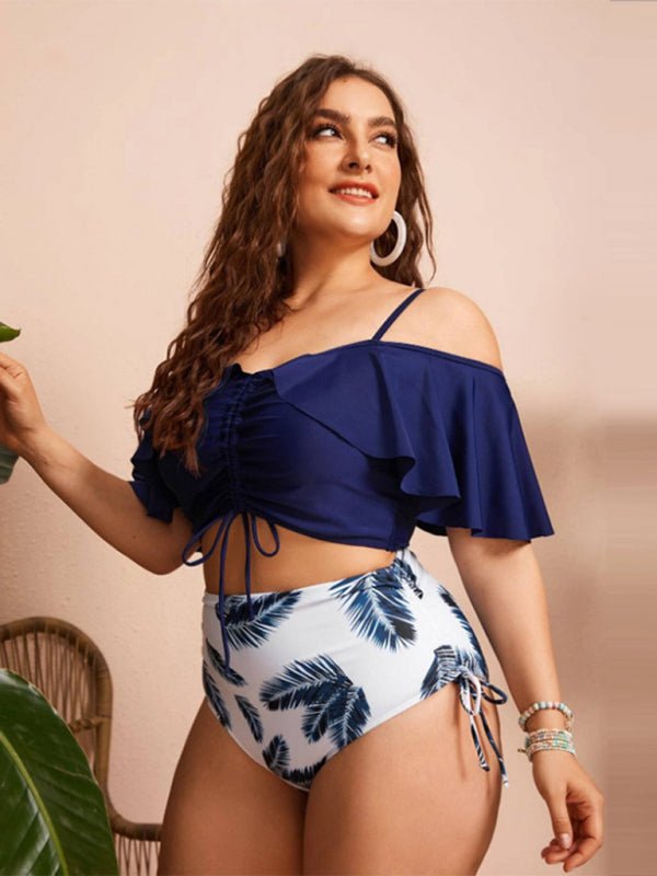 Plus Size Damen-Badeanzug-Set mit Kordelzug und Rüschen, One-Shoulder-Riemen und hoher Taille 