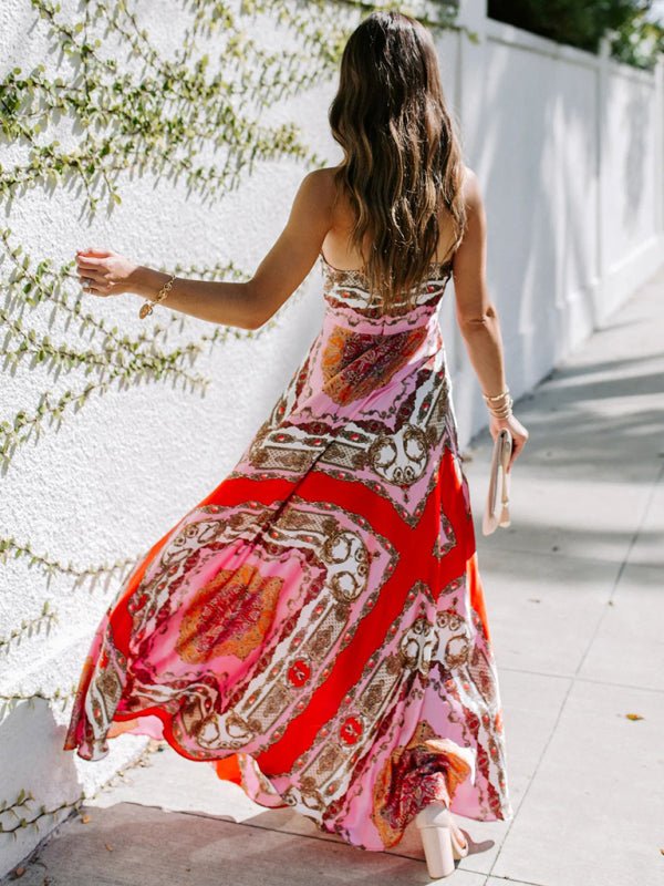 Robe de banlieue de tempérament rouge intrigante taille haute à col licou imprimé 