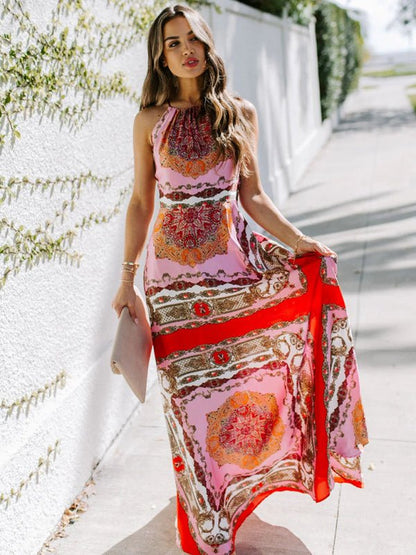 Robe de banlieue de tempérament rouge intrigante taille haute à col licou imprimé 