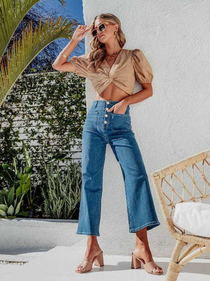 Lose, gerade, einreihige Retro-Jeans mit weitem Bein und hoher Taille 