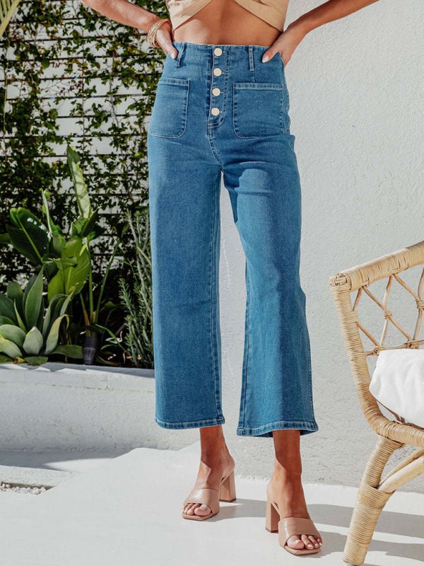 Retro Loose Straight Single-Breasted High-Waist Wide-Leg Jeans Crop Pants