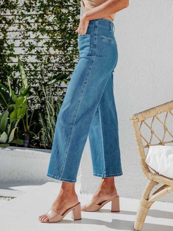 Lose, gerade, einreihige Retro-Jeans mit weitem Bein und hoher Taille 