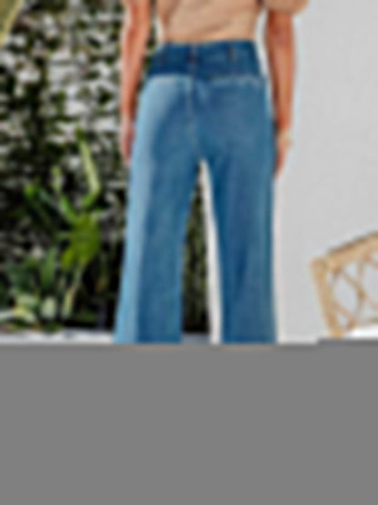 Retro Loose Straight Single-Breasted High-Waist Wide-Leg Jeans Crop Pants