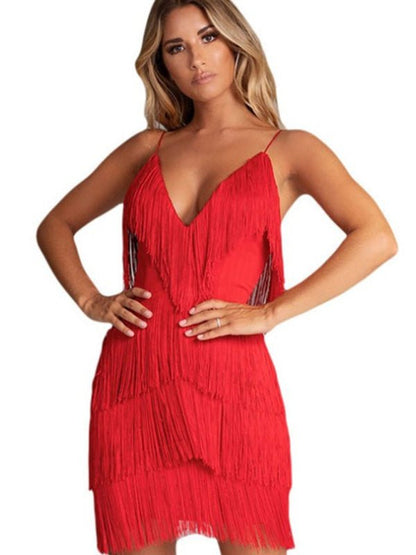 Robe sexy avec coutures à pompons, robe de soirée sexy, dos nu, décolleté en V profond 