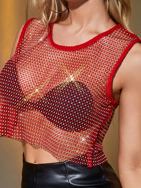 Sexy Mesh-Flash-Diamant-Fischnetz-Weste, Nachtclub-Perspektive, heißes Mädchen-T-Shirt-Oberteil 