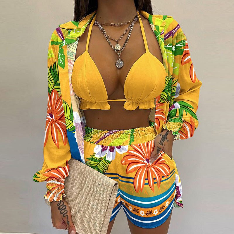 Sexy printed long-sleeved shirt and shorts three-piece suit