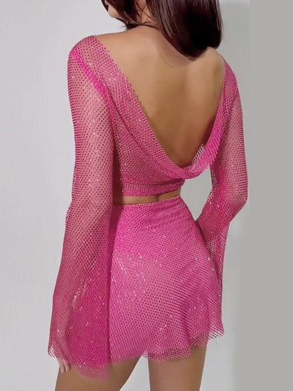 Sexy See Through Mesh Long Sleeve Top Skirt Set Fashion Spice Girl Dress
