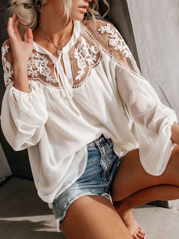 Sexy see-through V-neck lace shirt shirt