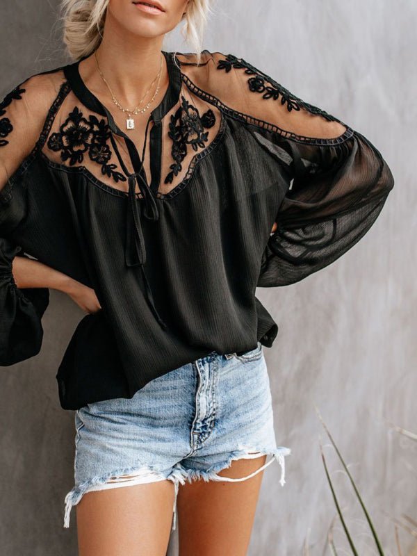 Sexy see-through V-neck lace shirt shirt