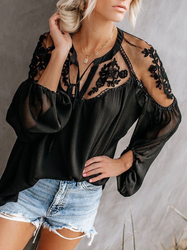 Sexy see-through V-neck lace shirt shirt