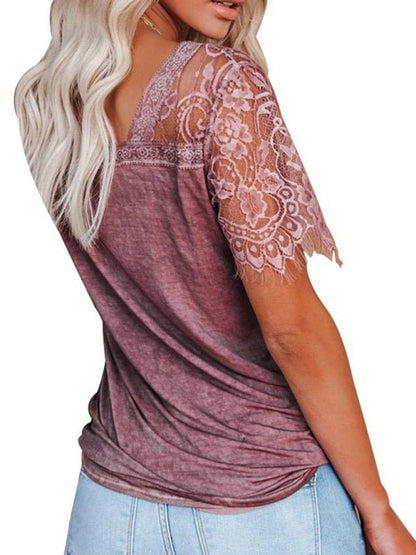 Short Sleeve V Neck Feather Lace Sleeve Blouse