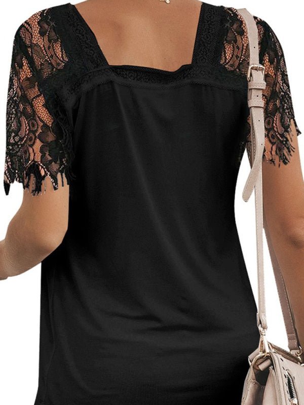 Short Sleeve V Neck Feather Lace Sleeve Blouse