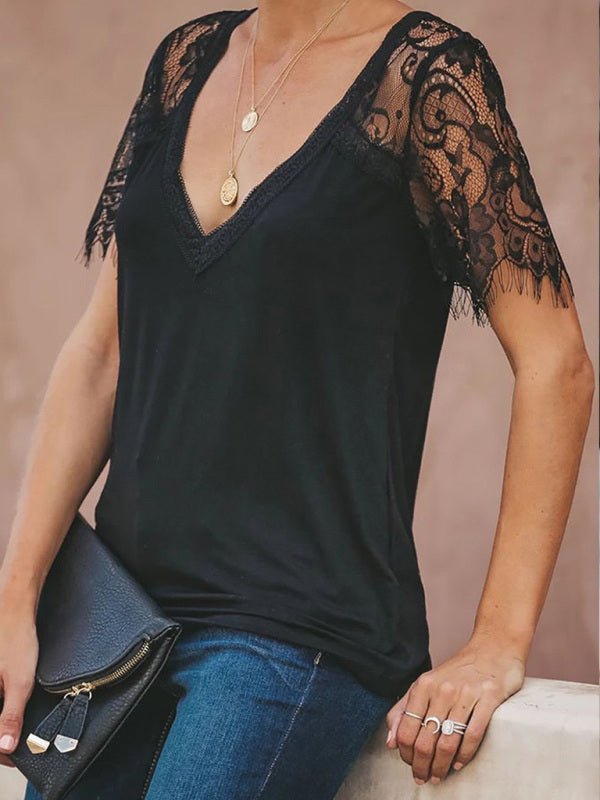 Short Sleeve V Neck Feather Lace Sleeve Blouse