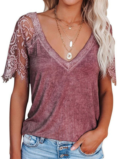 Short Sleeve V Neck Feather Lace Sleeve Blouse