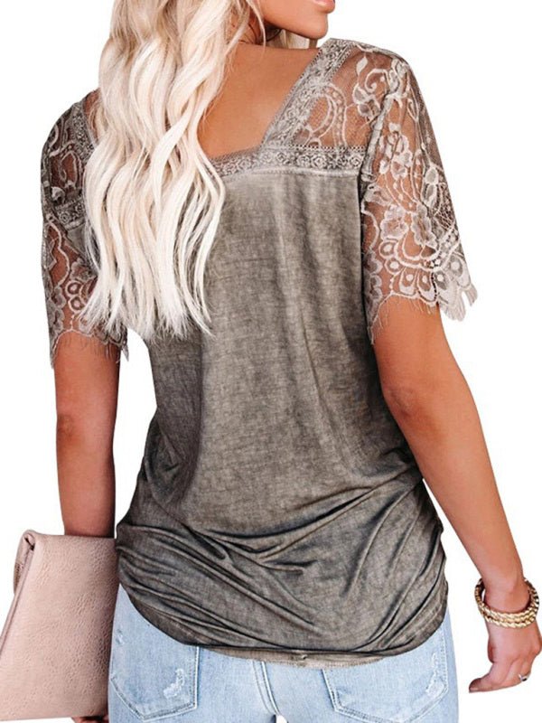 Short Sleeve V Neck Feather Lace Sleeve Blouse