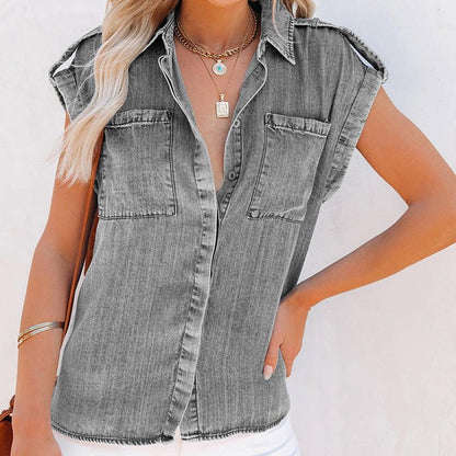 Sleeveless Denim Shirt Straight Pocket Oversized Top