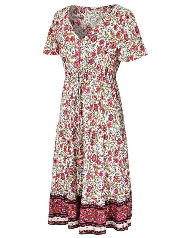 Slim-fit small floral print single-breasted mid-length V-neck short-sleeved dress