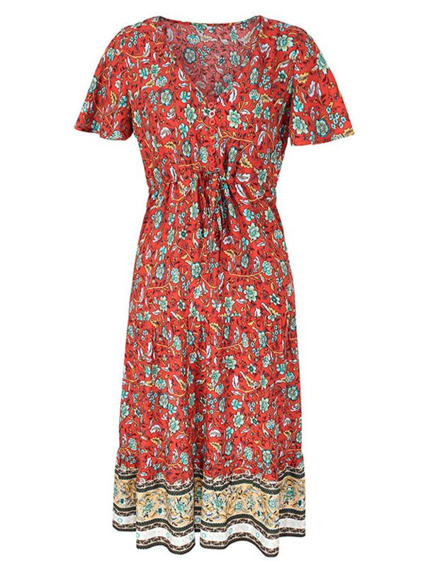 Slim-fit small floral print single-breasted mid-length V-neck short-sleeved dress