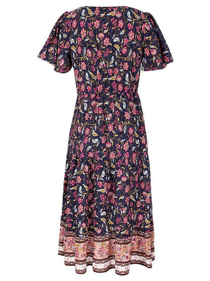 Slim-fit small floral print single-breasted mid-length V-neck short-sleeved dress