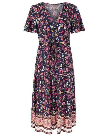 Slim-fit small floral print single-breasted mid-length V-neck short-sleeved dress