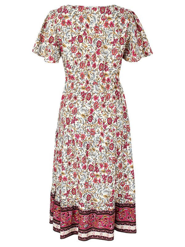 Slim-fit small floral print single-breasted mid-length V-neck short-sleeved dress