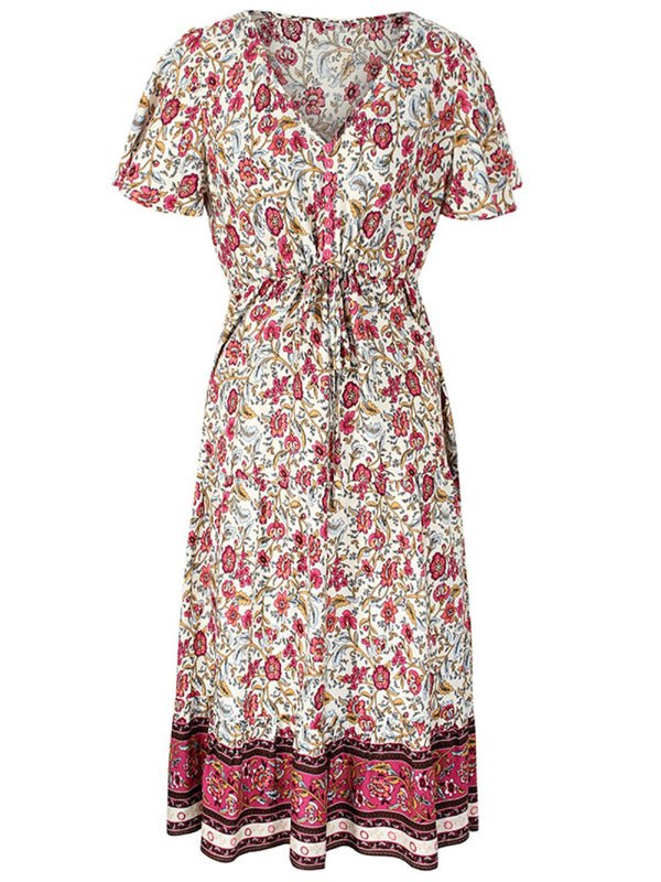 Slim-fit small floral print single-breasted mid-length V-neck short-sleeved dress