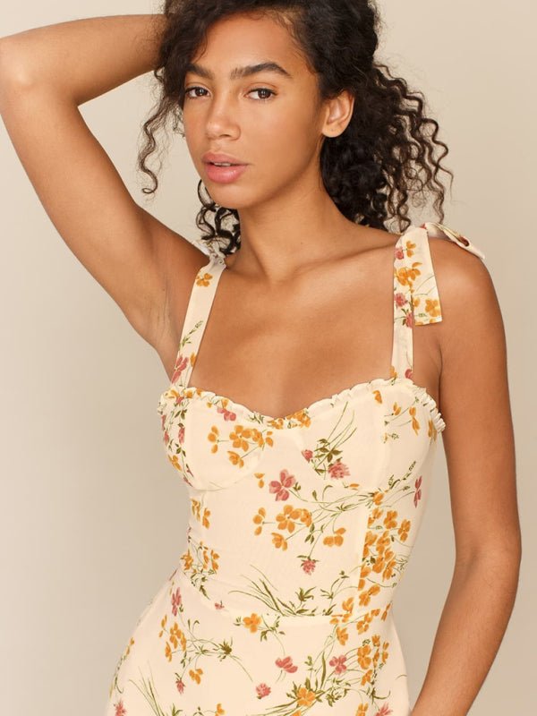 Petite robe slim à imprimé floral frais à nouer avec des oreilles en bois 