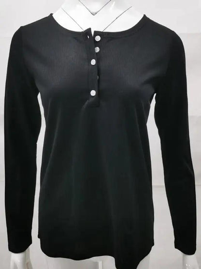 Solid Button Slim Long Sleeve Top Bottom Shirt