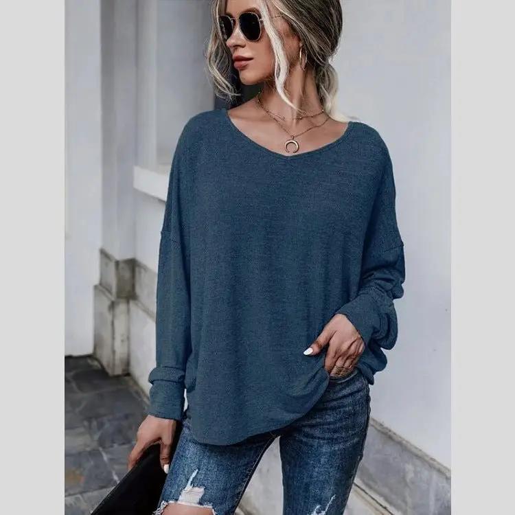 Solid color loose tie back drop shoulder T-shirt loose casual all-match