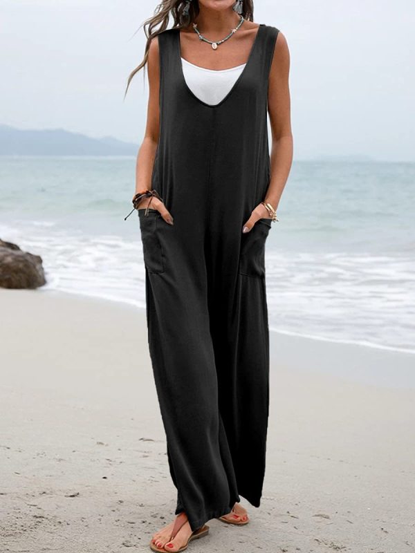 Solid color patch pocket fashion jumpsuit V-neck overalls wide-leg trousers