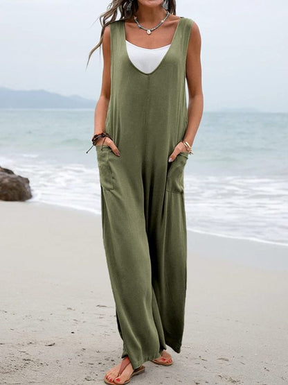 Solid color patch pocket fashion jumpsuit V-neck overalls wide-leg trousers