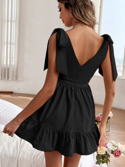 Solid Color Strap Shoulder Deep V Neck Ruffle Hem Dress