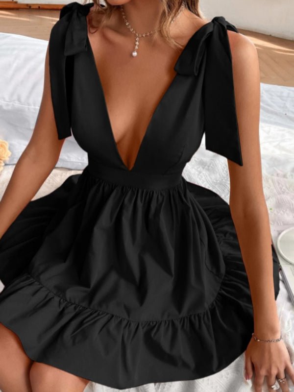 Solid Color Strap Shoulder Deep V Neck Ruffle Hem Dress