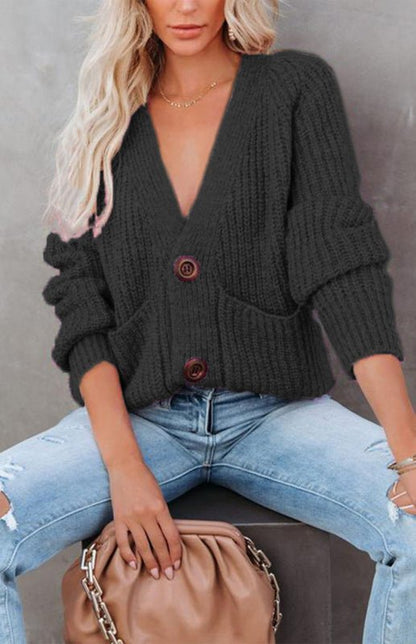 Solid V-Neck Single Breasted Long Sleeved Sweater