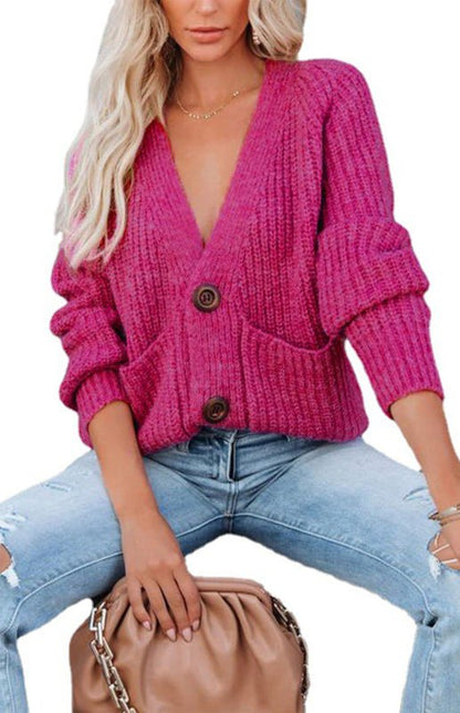 Solid V-Neck Single Breasted Long Sleeved Sweater