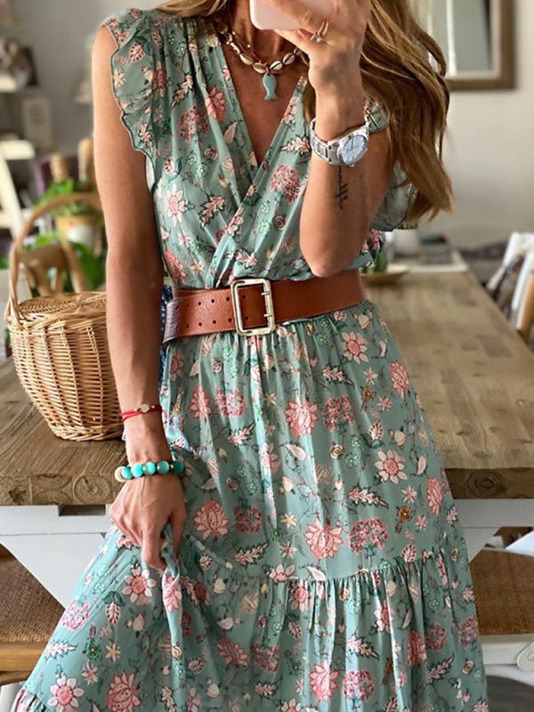 Spring and summer new fashion high-end printed skirt V-neck dress