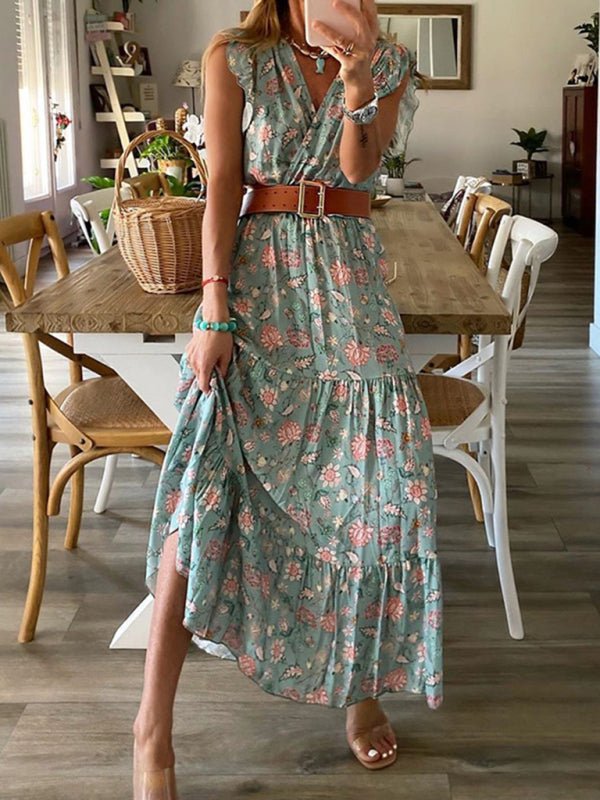 Spring and summer new fashion high-end printed skirt V-neck dress