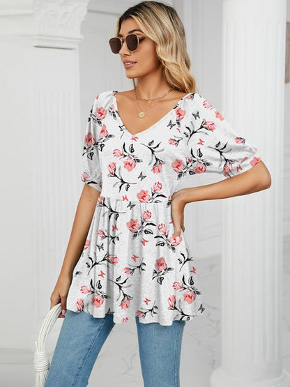 Spring and summer new v-neck printed t-shirt bubble short-sleeved tunic top